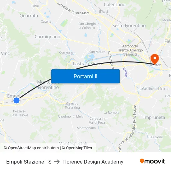 Empoli Stazione FS to Florence Design Academy map