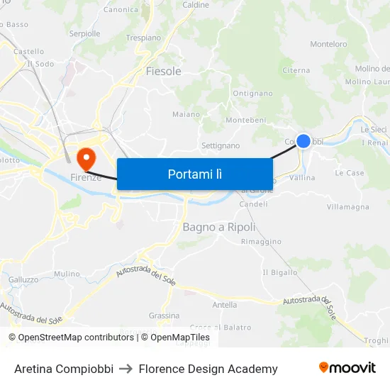 Aretina Compiobbi to Florence Design Academy map