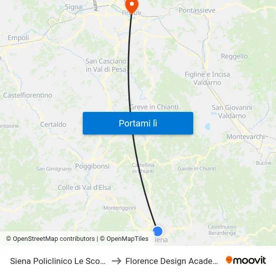 Siena Policlinico Le Scotte to Florence Design Academy map