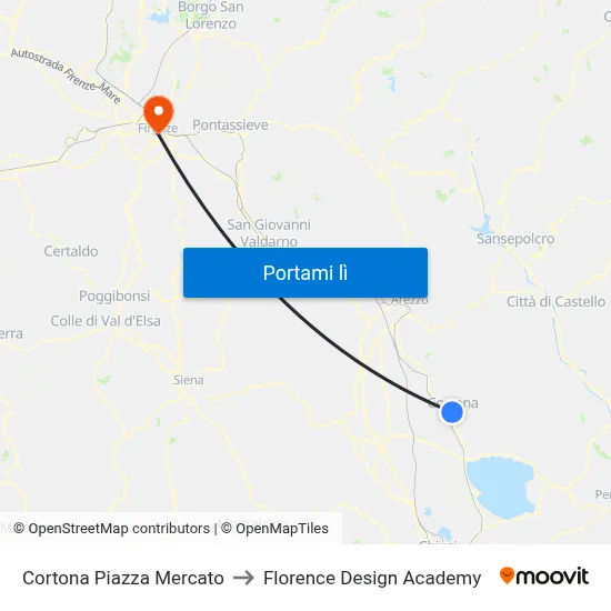 Cortona Piazza Mercato to Florence Design Academy map