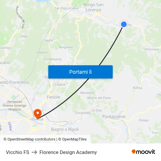 Vicchio FS to Florence Design Academy map