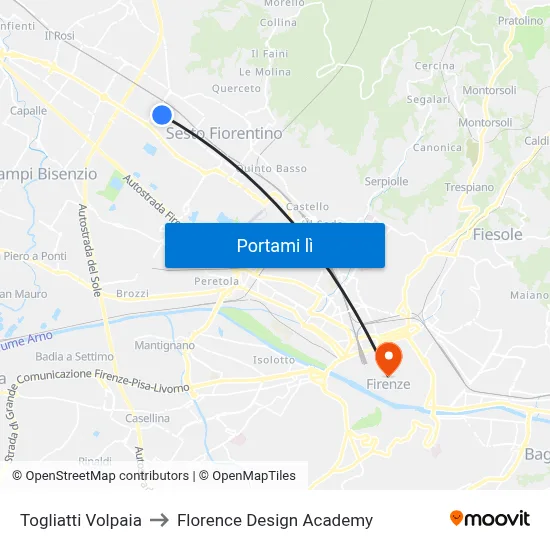 Togliatti Volpaia to Florence Design Academy map