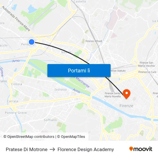 Pratese Di Motrone to Florence Design Academy map