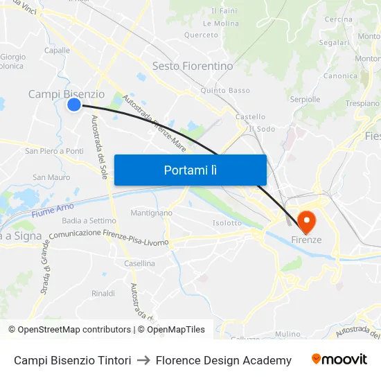 Campi Bisenzio Tintori to Florence Design Academy map