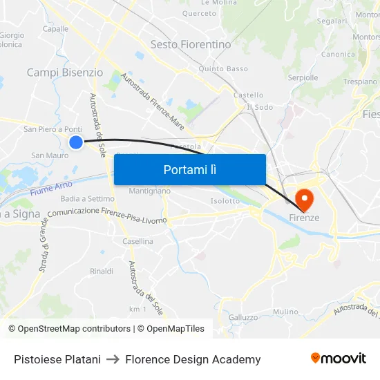 Pistoiese Platani to Florence Design Academy map