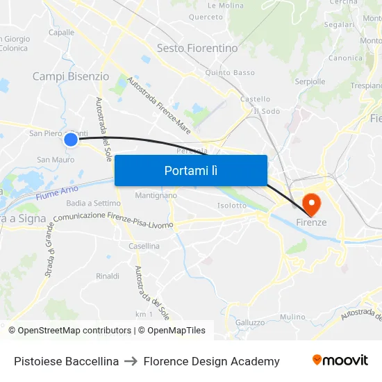 Pistoiese Baccellina to Florence Design Academy map