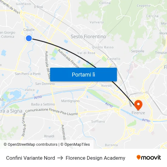 Confini Variante Nord to Florence Design Academy map