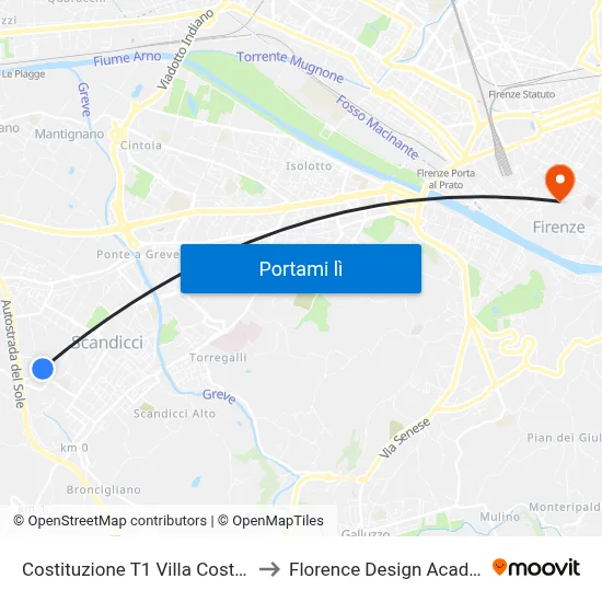 Costituzione T1 Villa Costanza to Florence Design Academy map