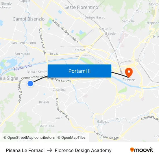Pisana Le Fornaci to Florence Design Academy map