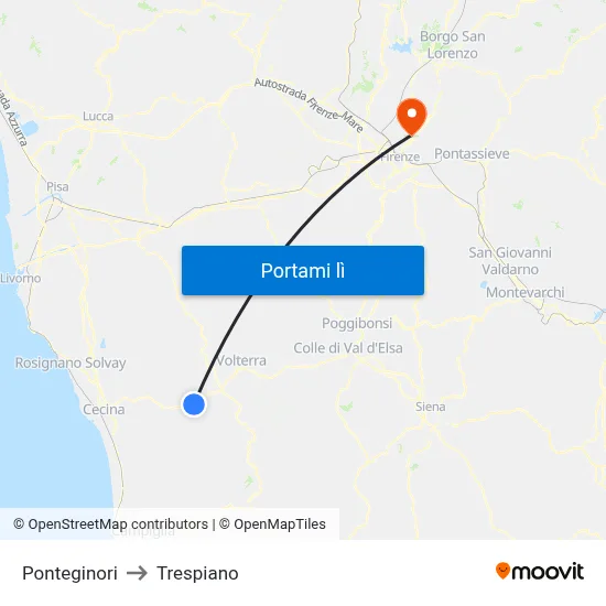 Ponteginori to Trespiano map