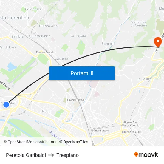 Peretola Garibaldi to Trespiano map