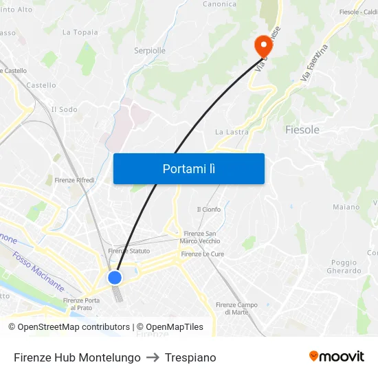 Firenze Hub Montelungo to Trespiano map