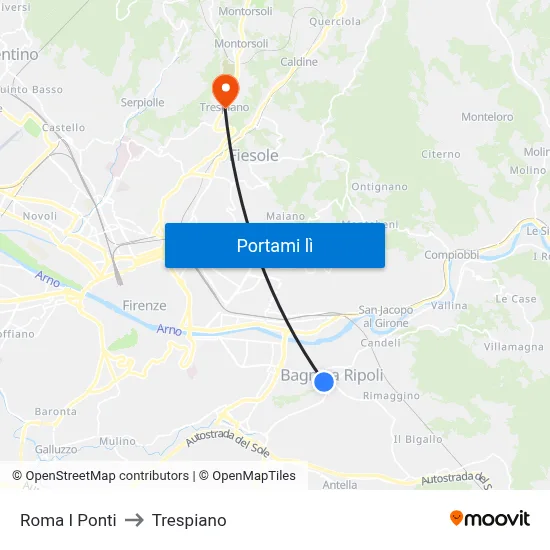 Roma I Ponti to Trespiano map
