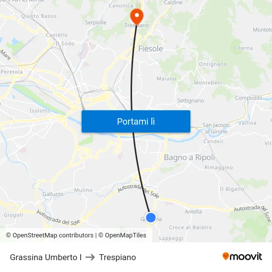 Grassina Umberto I to Trespiano map