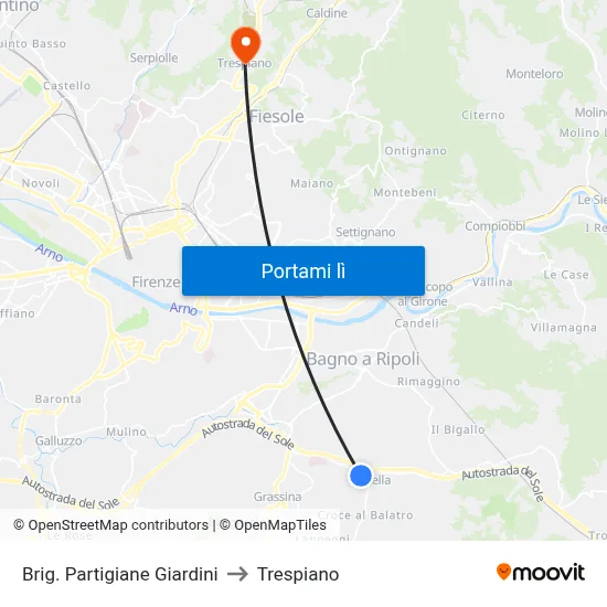 Brig. Partigiane Giardini to Trespiano map