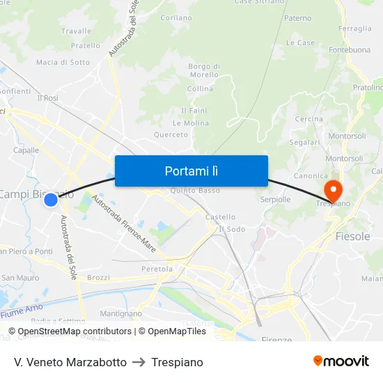 V. Veneto Marzabotto to Trespiano map