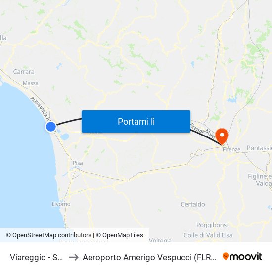 Viareggio Stazione FS to Aeroporto Amerigo Vespucci (FLR) (Aeroporto Peretola) map