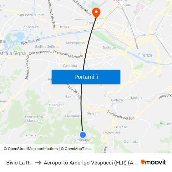 Bivio La Romola to Aeroporto Amerigo Vespucci (FLR) (Aeroporto Peretola) map