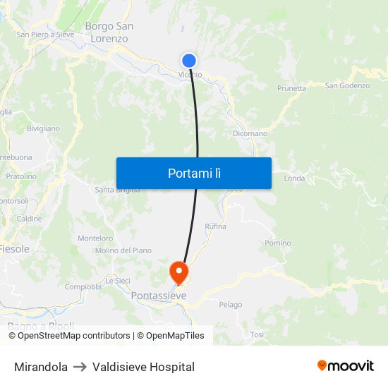 Mirandola to Valdisieve Hospital map