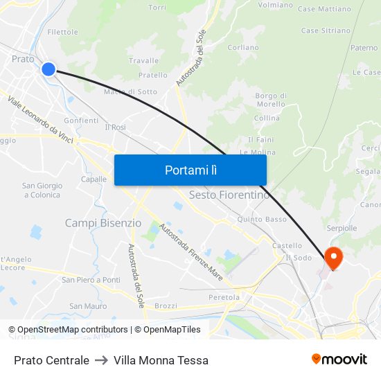 Prato Centrale to Villa Monna Tessa map