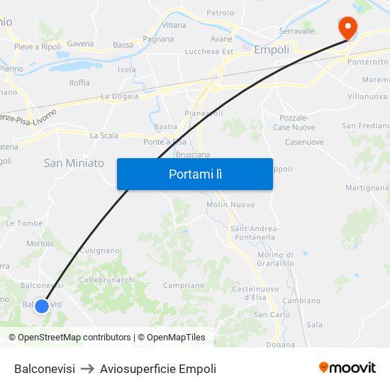 Balconevisi to Aviosuperficie Empoli map