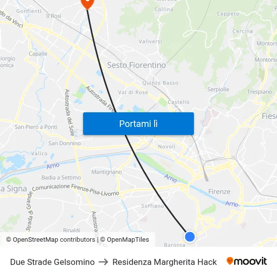 Due Strade Gelsomino to Residenza Margherita Hack map