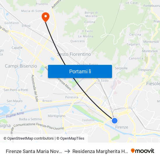 Firenze Santa Maria Novella to Residenza Margherita Hack map