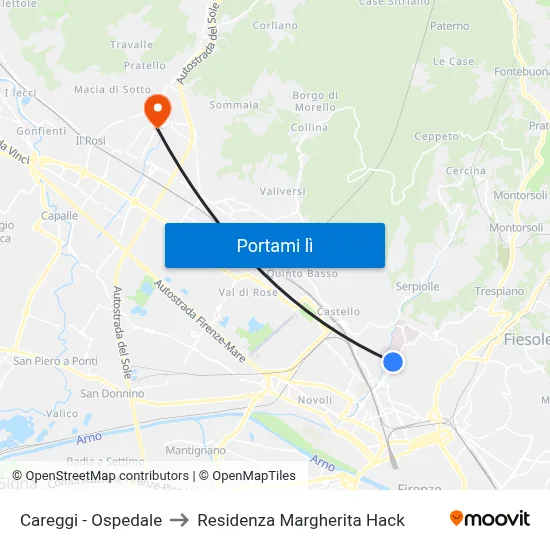 Careggi - Ospedale to Residenza Margherita Hack map