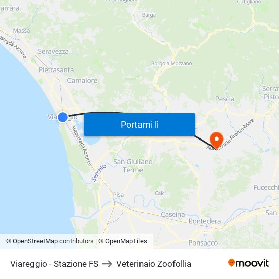 Viareggio Stazione FS to Veterinaio Zoofollia map