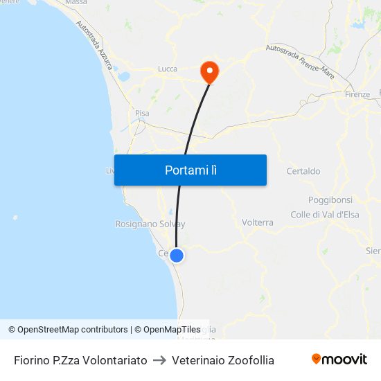 Fiorino P.Zza Volontariato to Veterinaio Zoofollia map