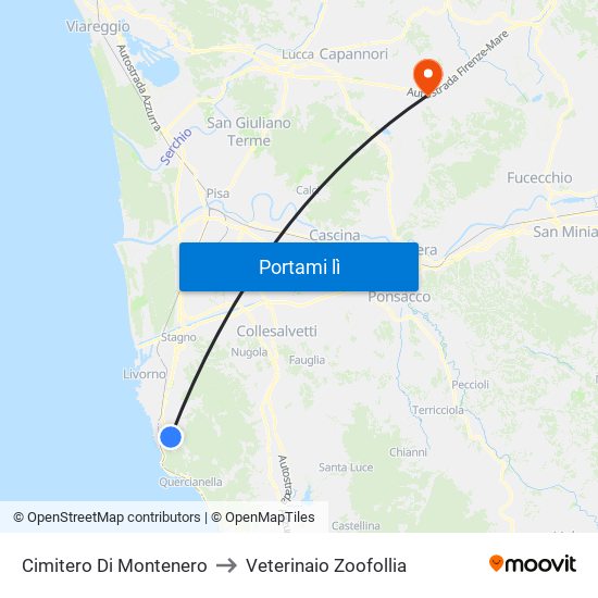 Cimitero Di Montenero to Veterinaio Zoofollia map