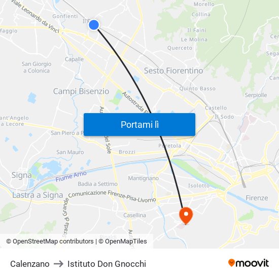 Calenzano to Istituto Don Gnocchi map