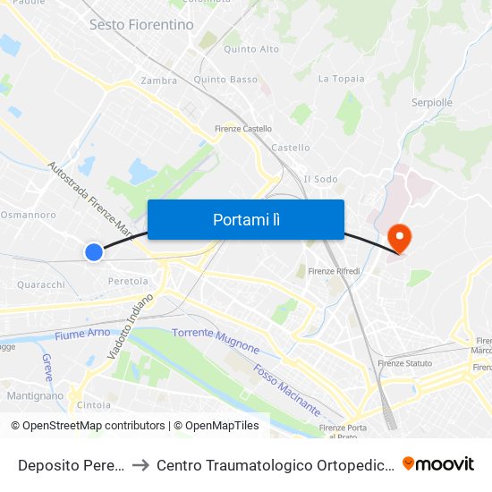 Deposito Peretola to Centro Traumatologico Ortopedico - Cto map