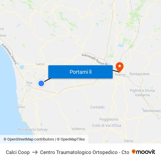 Calci Coop to Centro Traumatologico Ortopedico - Cto map