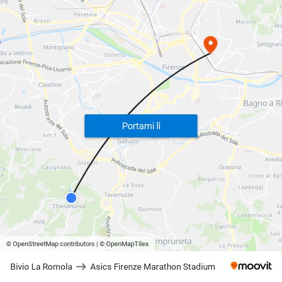 Bivio La Romola to Asics Firenze Marathon Stadium map