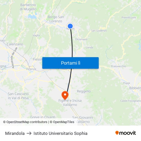 Mirandola to Istituto Universitario Sophia map