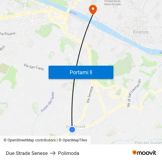 Due Strade Senese to Polimoda map