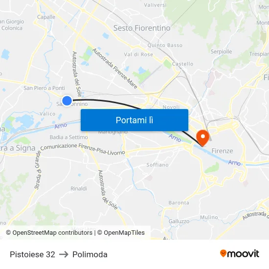 Pistoiese 32 to Polimoda map