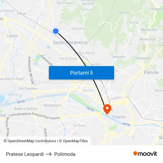 Pratese Leopardi to Polimoda map
