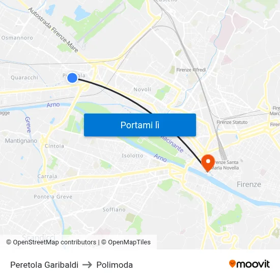 Peretola Garibaldi to Polimoda map