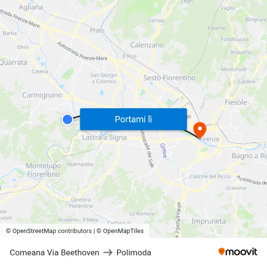 Comeana Via Beethoven to Polimoda map