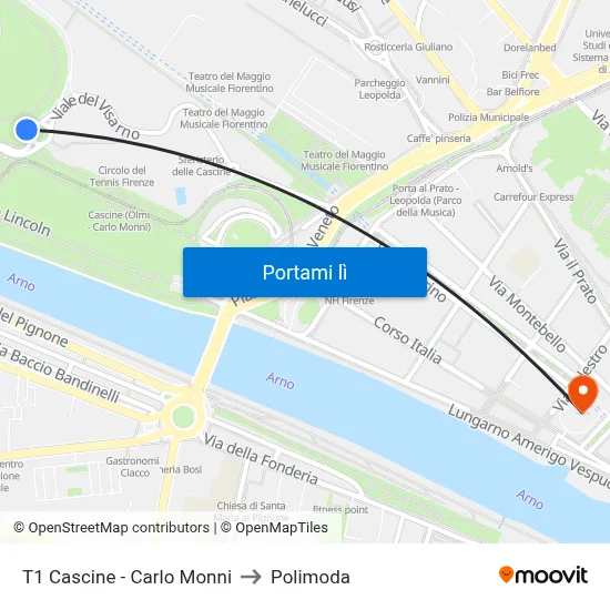 T1 Cascine - Carlo Monni to Polimoda map