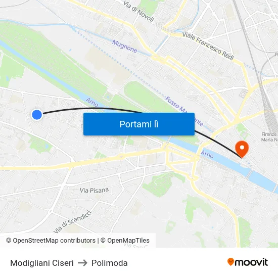 Modigliani Ciseri to Polimoda map