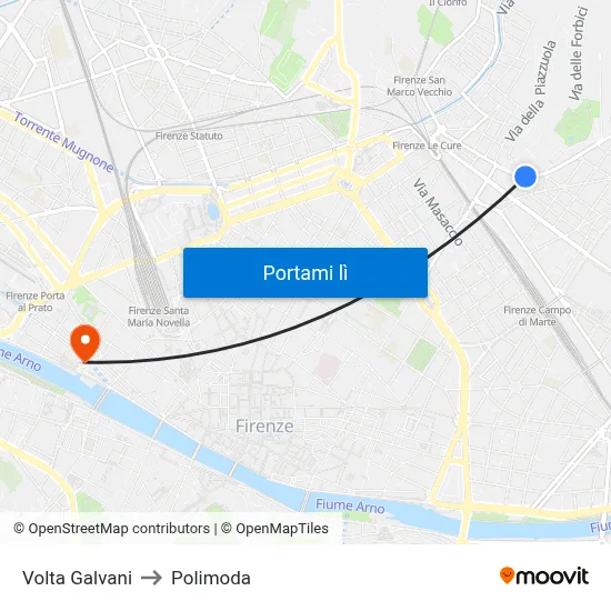 Volta Galvani to Polimoda map