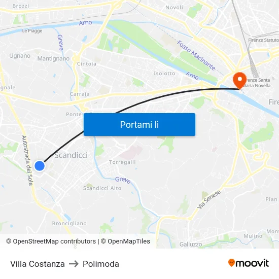 Villa Costanza to Polimoda map