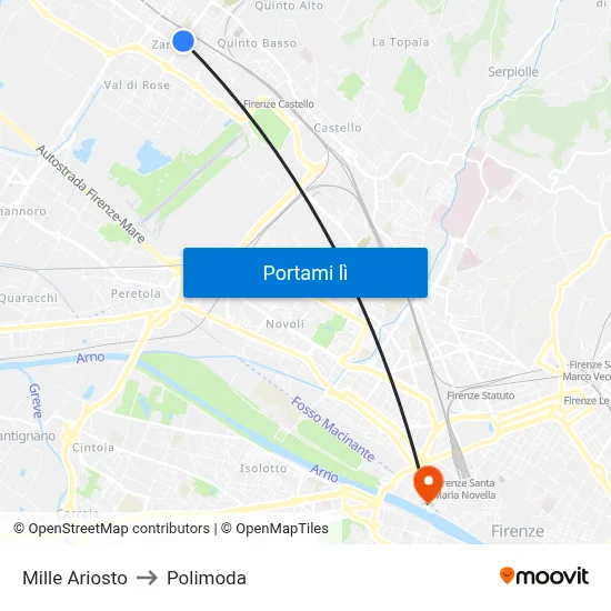Mille Ariosto to Polimoda map