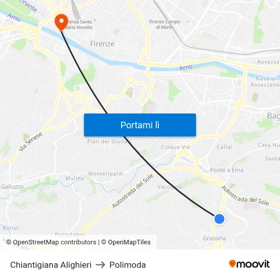 Chiantigiana Alighieri to Polimoda map