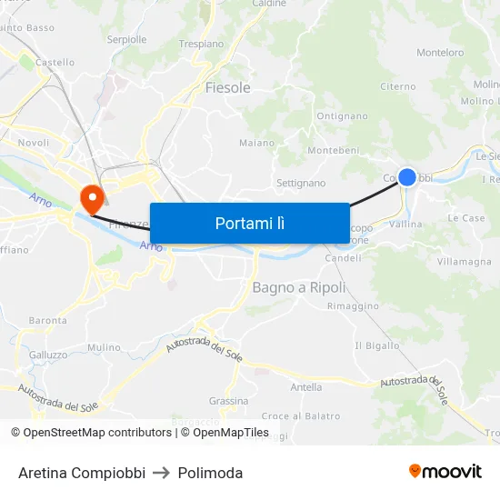Aretina Compiobbi to Polimoda map