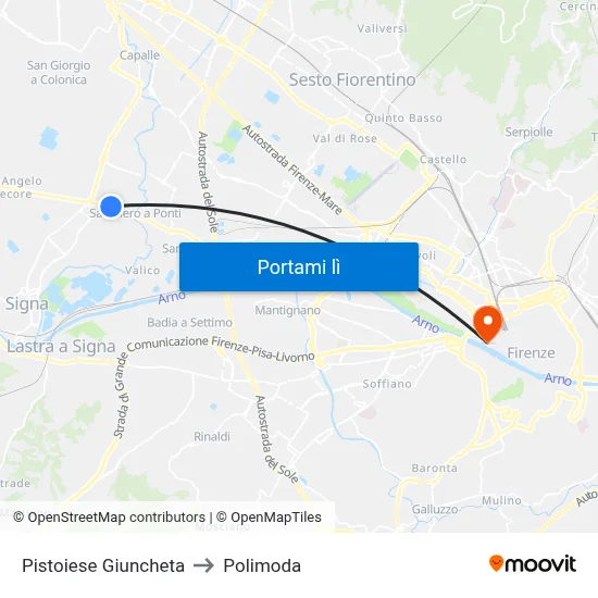 Pistoiese Giuncheta to Polimoda map