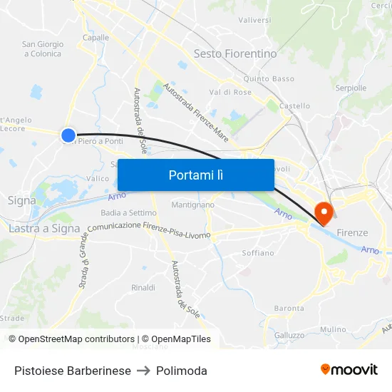 Pistoiese Barberinese to Polimoda map
